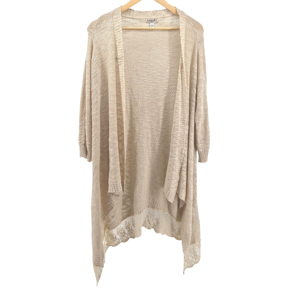 One World Beige Open Front Cardigan Lace Trim High Low Knit Sweater Sz 1X Boho
